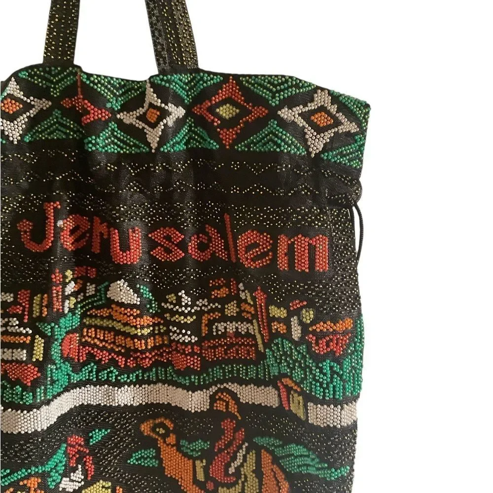 Jerusalem Women’s Israel Holy City Drawstring Tote Bag Purse Hand Beaded Lined